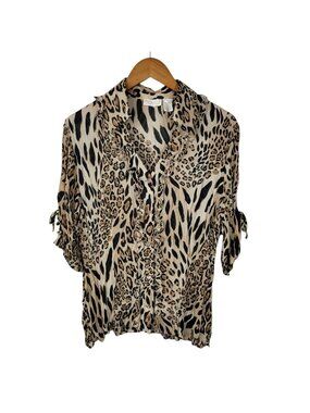 Vtg Y2k Top Large Whimsigoth Alt Mesh Cheetah Lace Up Sleeve Ruffle Leopard